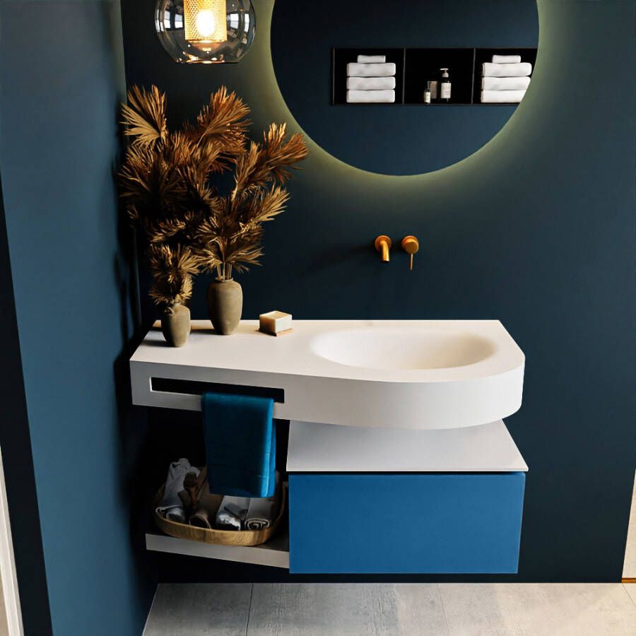 Mondiaz RIVA badmeubelsets 100x50x30cm 1 lade MDF Jeans mat push to open 0 kraangaten 1 wasbak rechts Talc solid surface RIVA10090