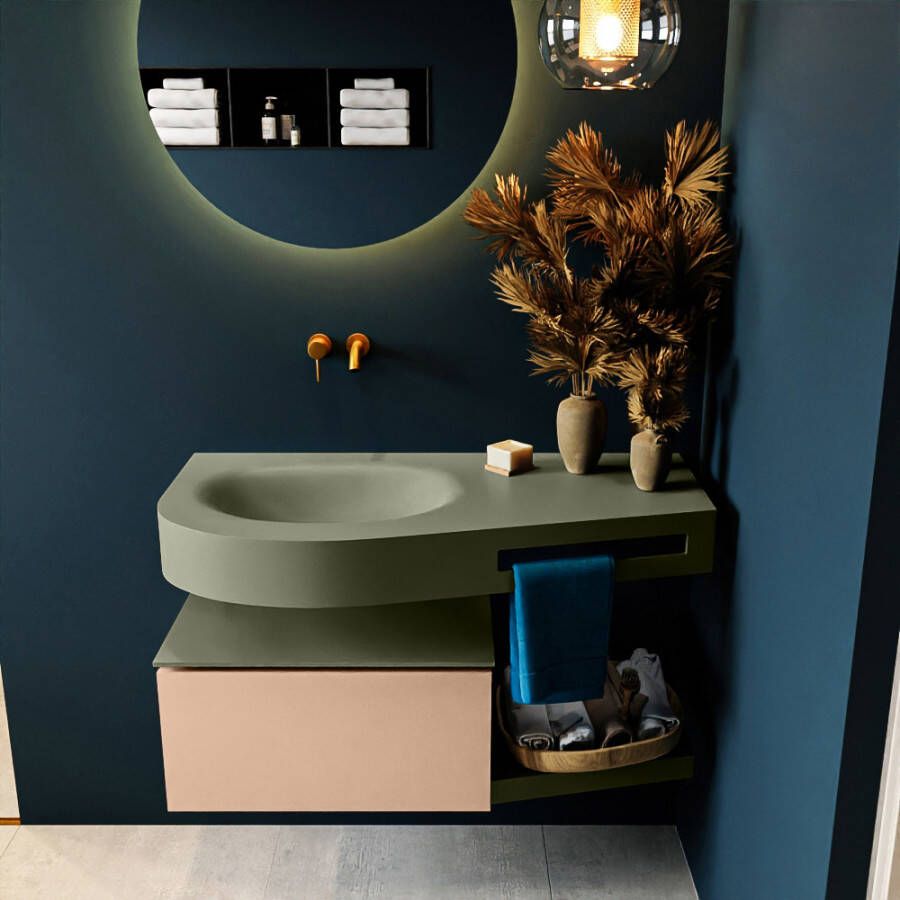 Mondiaz RIVA badmeubelsets 100x50x30cm 1 lade MDF Rosee mat push to open 0 kraangaten 1 wasbak links Army solid surface RIVA10817 - Foto 3