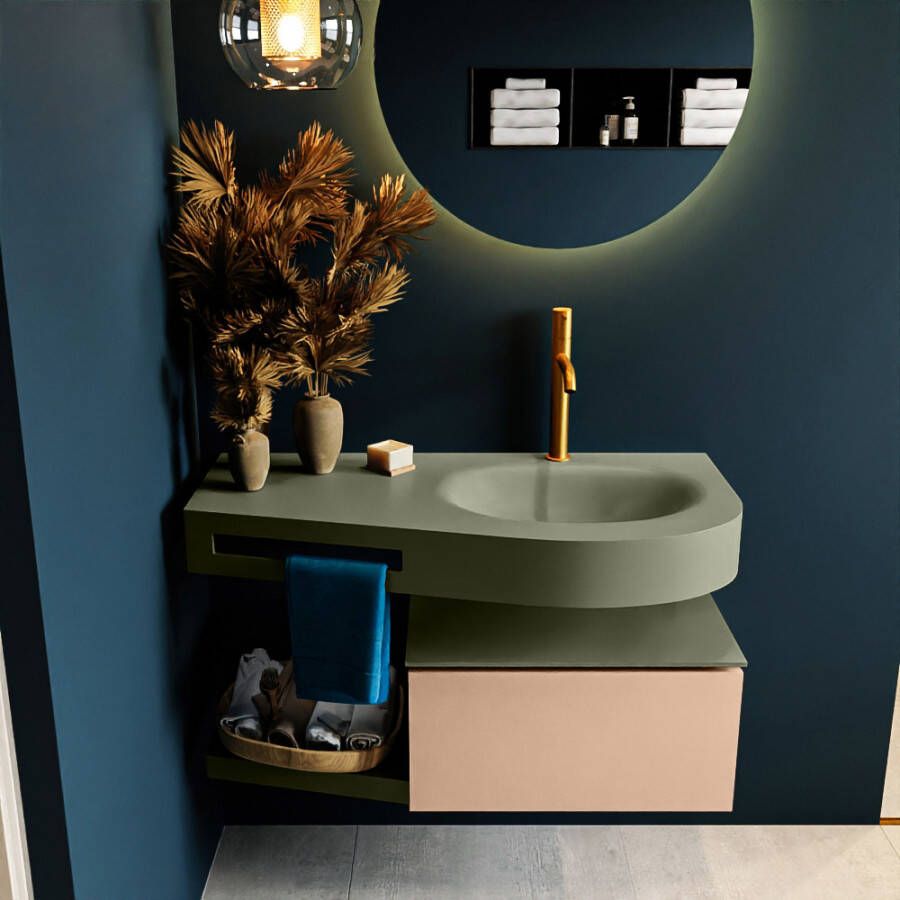 Mondiaz RIVA badmeubelsets 100x50x30cm 1 lade MDF Rosee mat push to open 1 kraangat 1 wasbak rechts Army solid surface RIVA10820