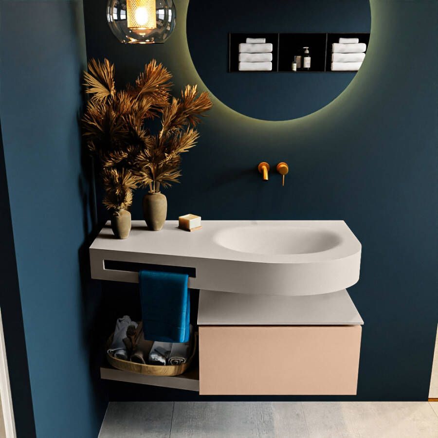 Mondiaz RIVA badmeubelsets 100x50x30cm 1 lade MDF Rosee mat push to open 0 kraangaten 1 wasbak rechts Linen solid surface RIVA10642