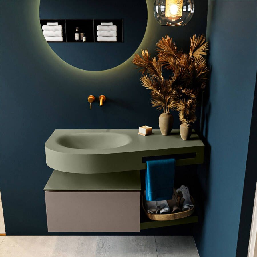 Mondiaz RIVA badmeubelsets 100x50x30cm 1 lade MDF Smoke mat push to open 0 kraangaten 1 wasbak links Army solid surface RIVA10745 - Foto 2