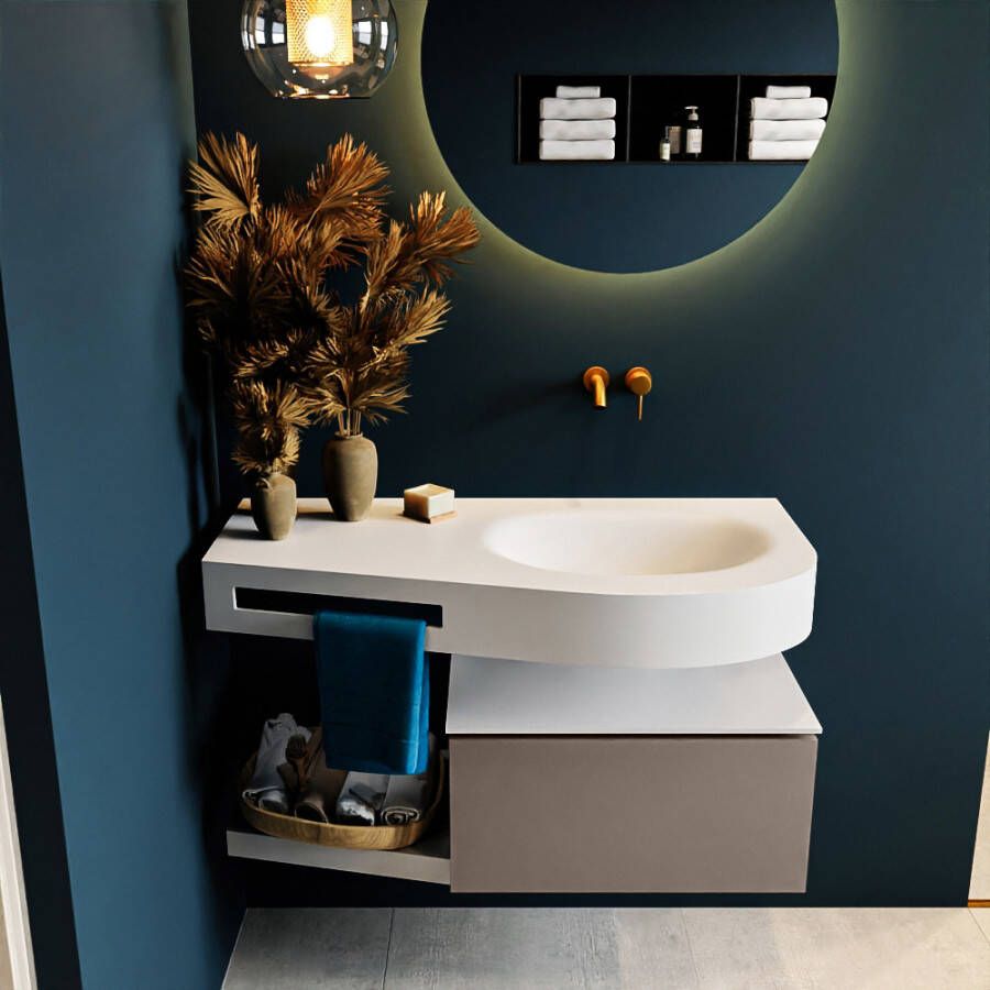 Mondiaz RIVA badmeubelsets 100x50x30cm 1 lade MDF Smoke mat push to open 0 kraangaten 1 wasbak rechts Talc solid surface RIVA10042