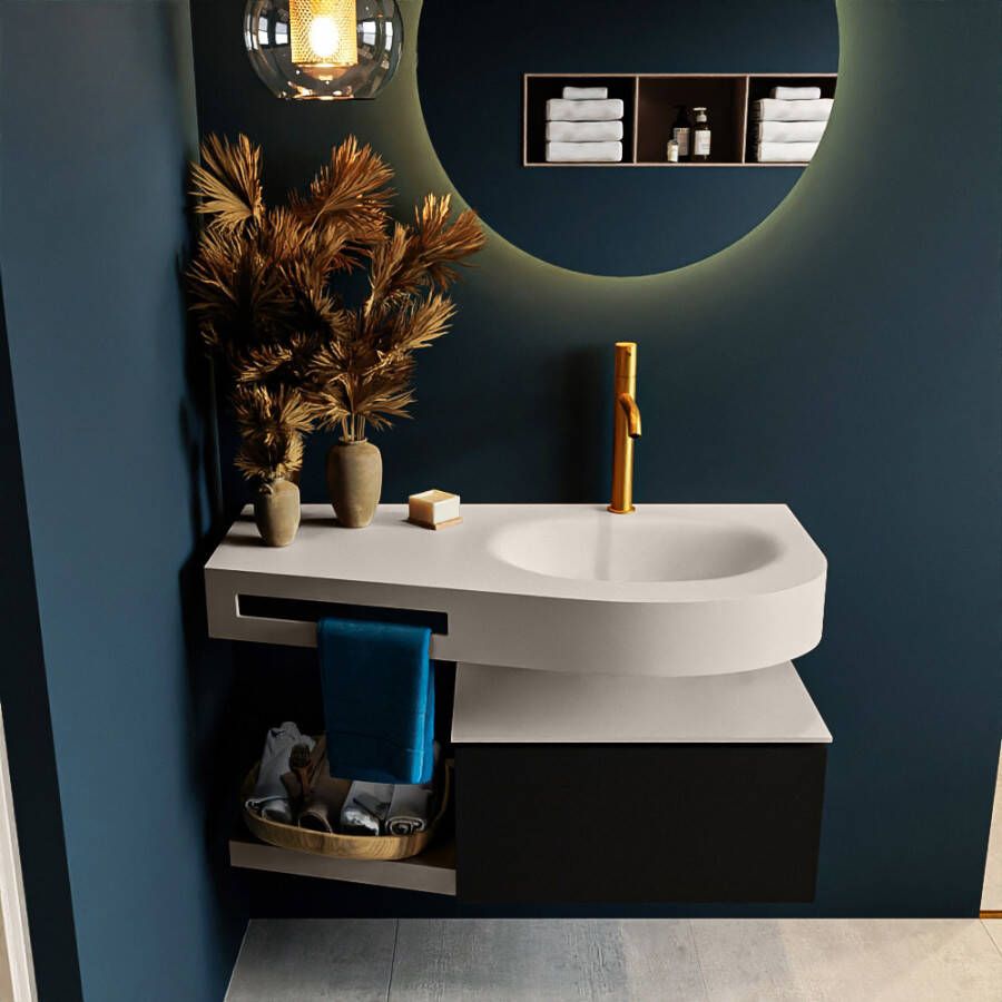 Mondiaz RIVA badmeubelsets 100x50x30cm 1 lade MDF Urban mat push to open 1 kraangat 1 wasbak rechts Linen solid surface RIVA10540