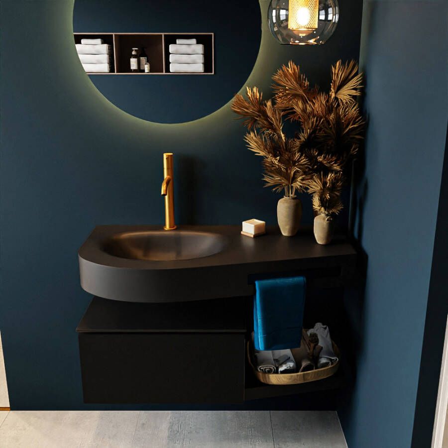 Mondiaz RIVA badmeubelsets 100x50x30cm 1 lade MDF Urban mat push to open 1 kraangat 1 wasbak links Urban solid surface RIVA10187