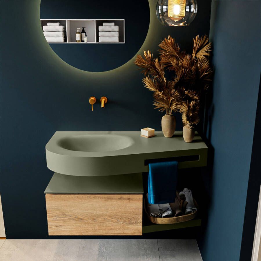 Mondiaz RIVA badmeubelsets 100x50x30cm 1 lade MDF Washed Oak mat push to open 0 kraangaten 1 wasbak links Army solid surface RIVA10825