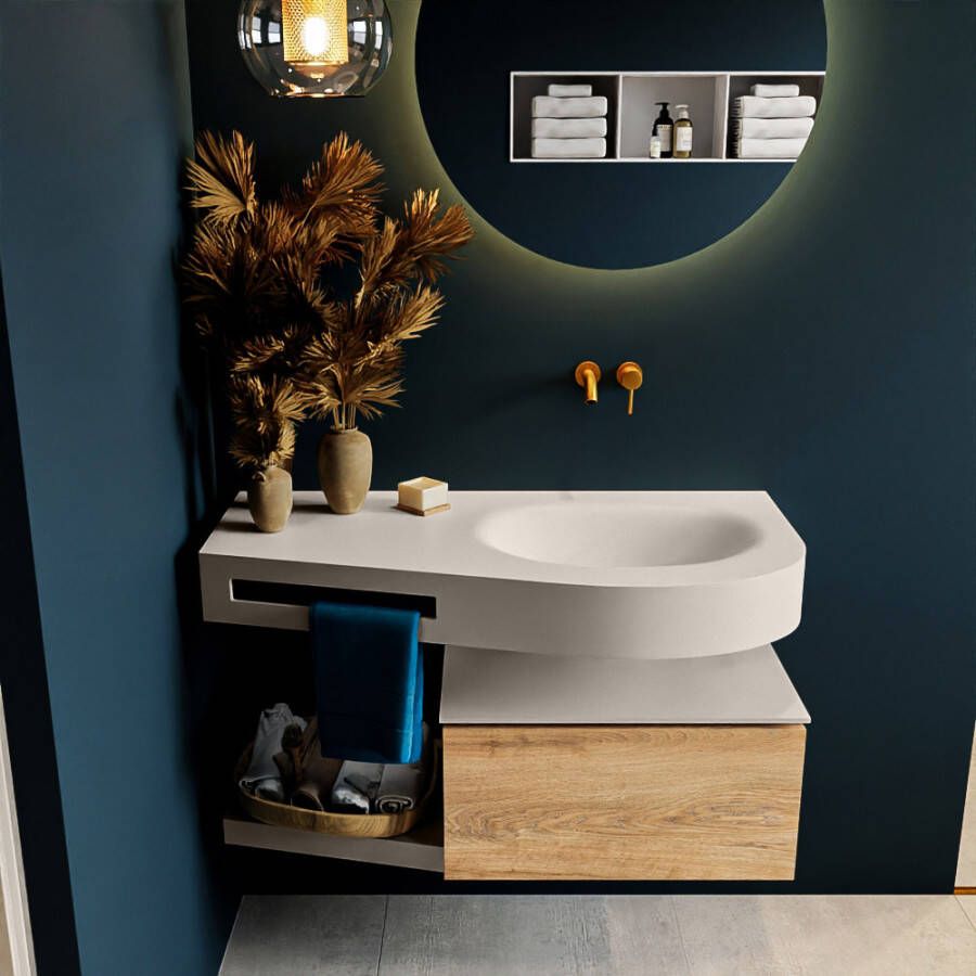 Mondiaz RIVA badmeubelsets 100x50x30cm 1 lade MDF Washed Oak mat push to open 0 kraangaten 1 wasbak rechts Linen solid surface RIVA10650 - Foto 3