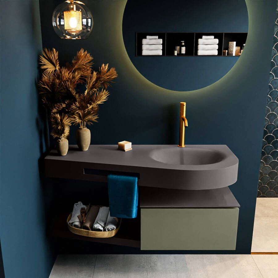Mondiaz RIVA badmeubelsets 120x50x30cm 1 lade MDF Army mat push to open 1 kraangat 1 wasbak rechts dark grey solid surface RIVA10424 - Foto 2