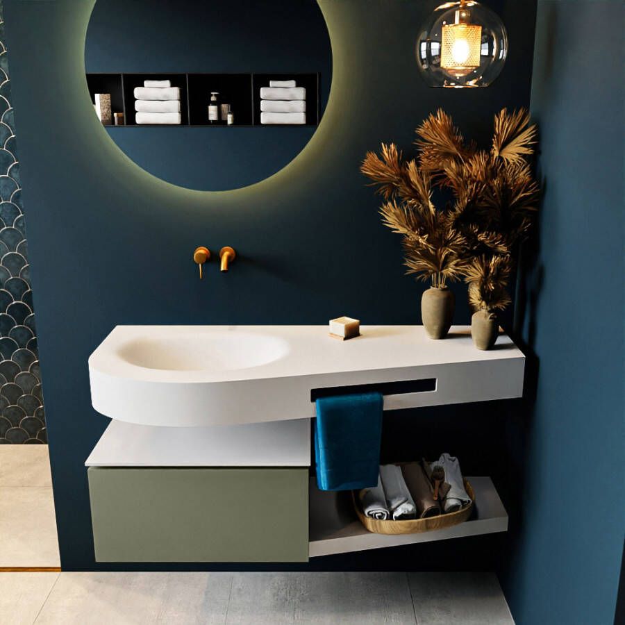 Mondiaz RIVA badmeubelsets 120x50x30cm 1 lade MDF Army mat push to open 0 kraangaten 1 wasbak links Talc solid surface RIVA10069