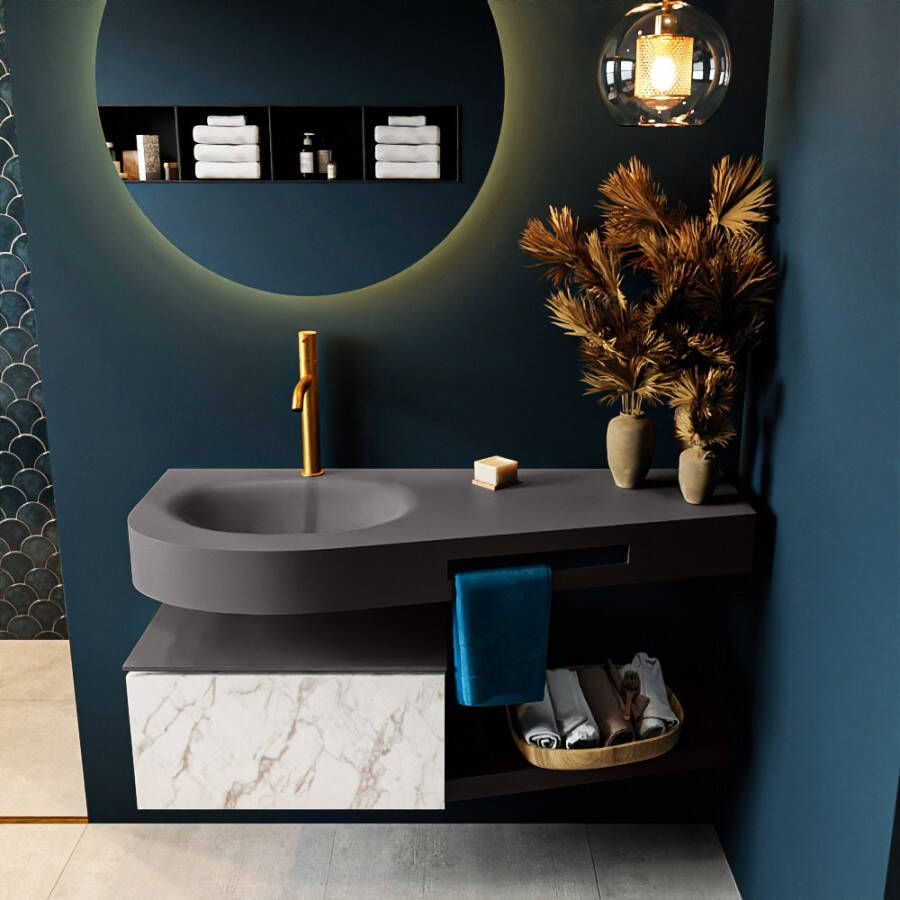 Mondiaz RIVA badmeubelsets 120x50x30cm 1 lade MDF carrara mat push to open 1 kraangat 1 wasbak links dark grey solid surface RIVA10527