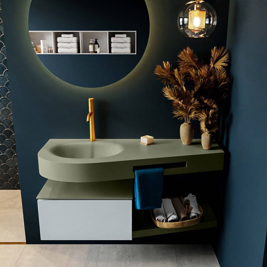 Mondiaz RIVA badmeubelsets 120x50x30cm 1 lade MDF Clay mat push to open 1 kraangat 1 wasbak links Army solid surface RIVA10743 - Foto 2