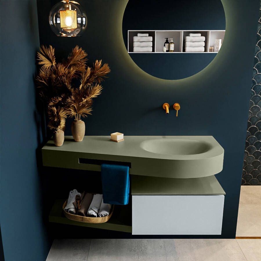 Mondiaz RIVA badmeubelsets 120x50x30cm 1 lade MDF Clay mat push to open 0 kraangaten 1 wasbak rechts Army solid surface RIVA10742 - Foto 2