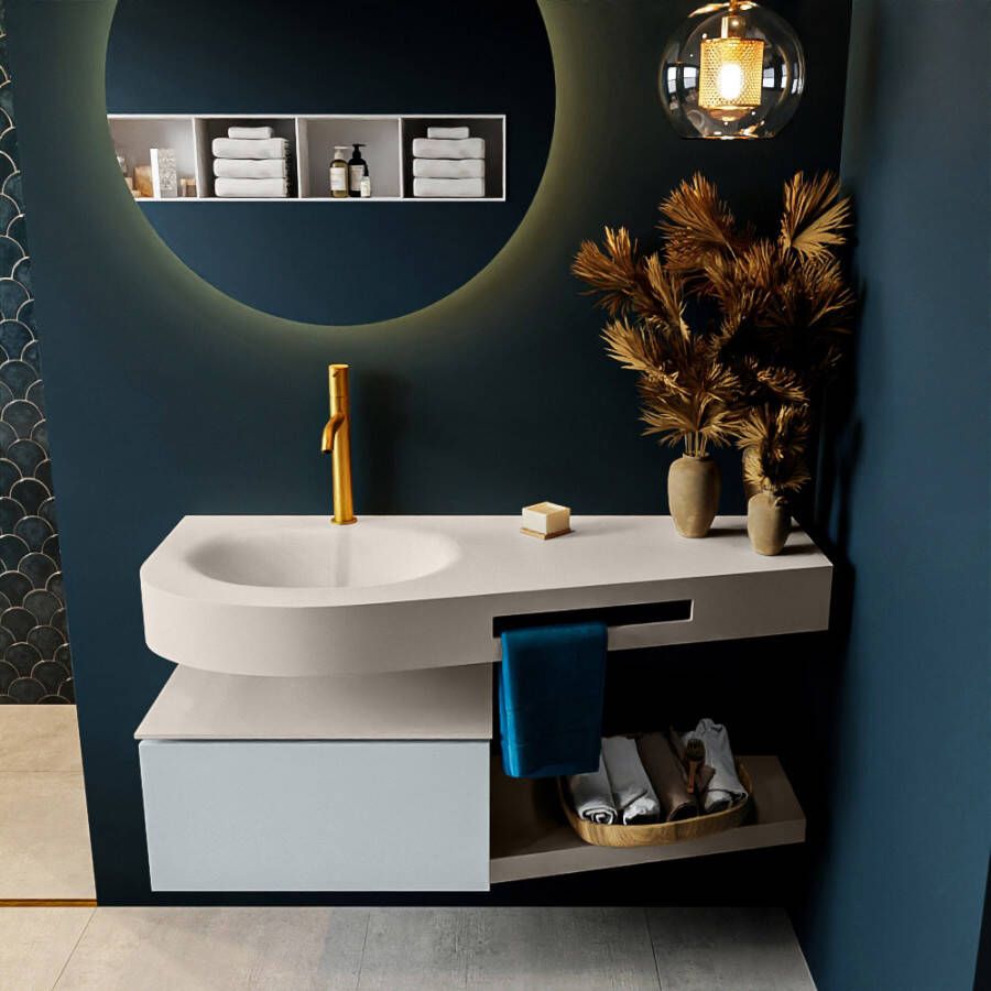 Mondiaz RIVA badmeubelsets 120x50x30cm 1 lade MDF Clay mat push to open 1 kraangat 1 wasbak links Linen solid surface RIVA10567 - Foto 2