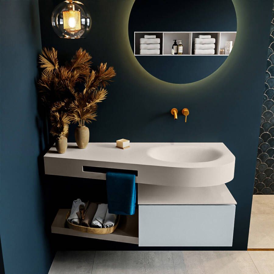 Mondiaz RIVA badmeubelsets 120x50x30cm 1 lade MDF Clay mat push to open 0 kraangaten 1 wasbak rechts Linen solid surface RIVA10566 - Foto 3