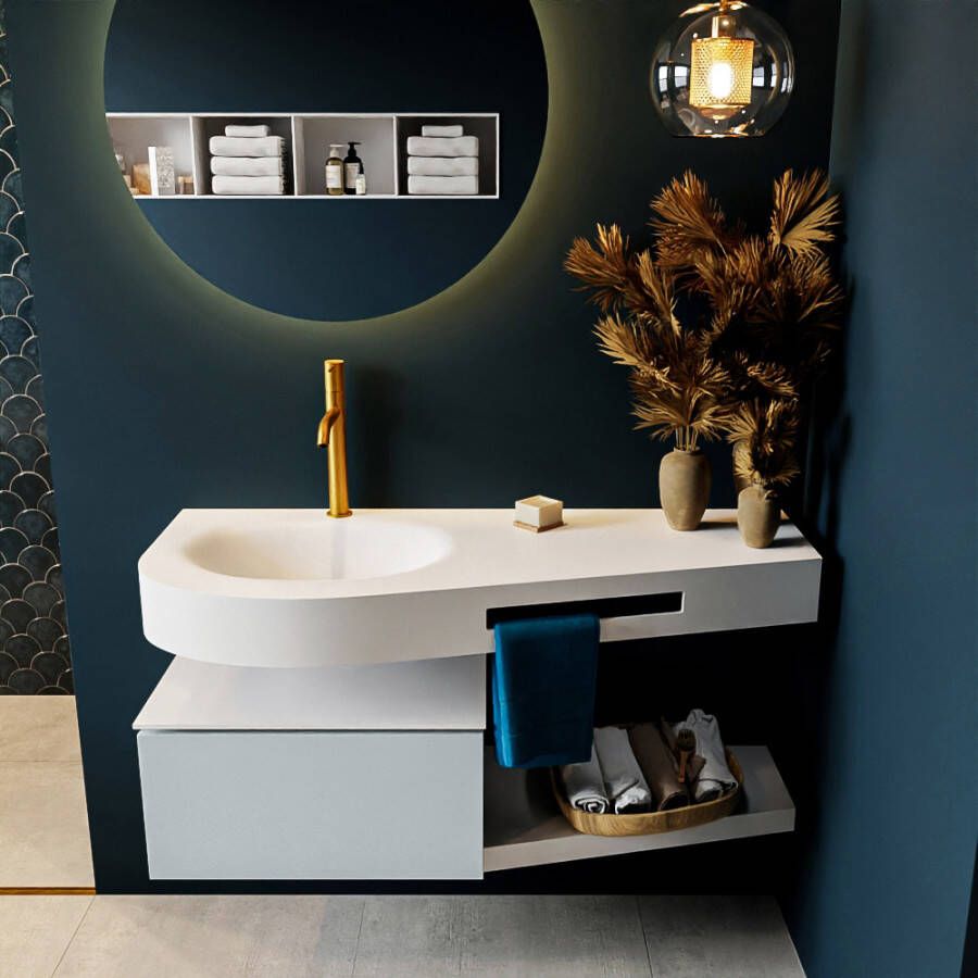 Mondiaz RIVA badmeubelsets 120x50x30cm 1 lade MDF Clay mat push to open 1 kraangat 1 wasbak links Talc solid surface RIVA10039