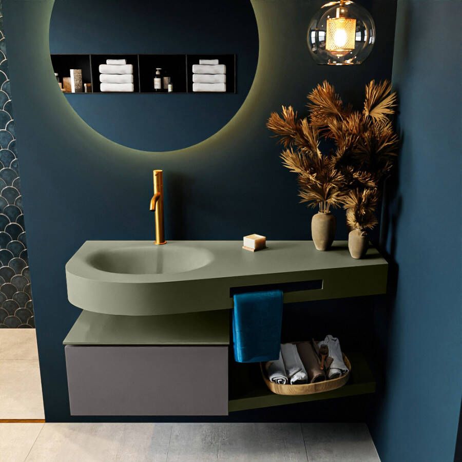 Mondiaz RIVA badmeubelsets 120x50x30cm 1 lade MDF Dark Grey mat push to open 1 kraangat 1 wasbak links Army solid surface RIVA10767