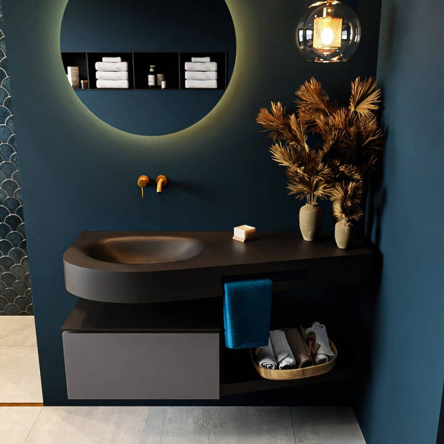 Mondiaz RIVA badmeubelsets 120x50x30cm 1 lade MDF Dark Grey mat push to open 0 kraangaten 1 wasbak links Urban solid surface RIVA10237