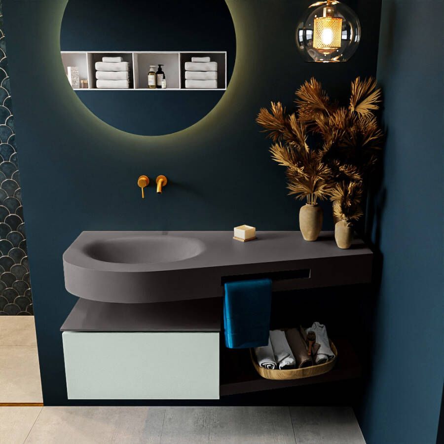 Mondiaz RIVA badmeubelsets 120x50x30cm 1 lade MDF Greey mat push to open 0 kraangaten 1 wasbak links dark grey solid surface RIVA10381 - Foto 1