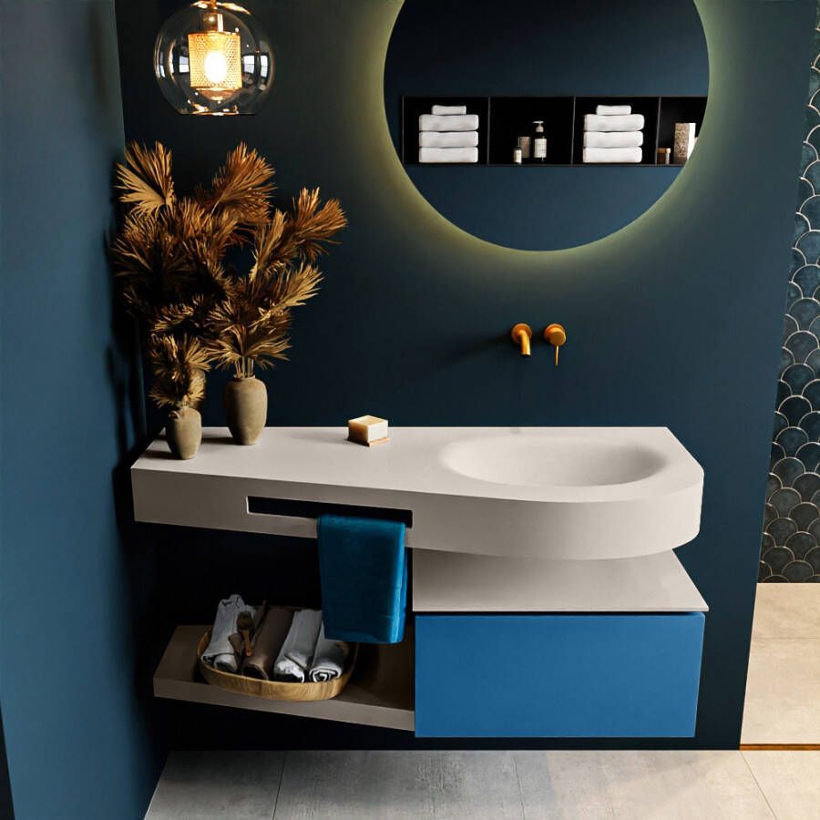 Mondiaz RIVA badmeubelsets 120x50x30cm 1 lade MDF Jeans mat push to open 0 kraangaten 1 wasbak rechts Linen solid surface RIVA10622