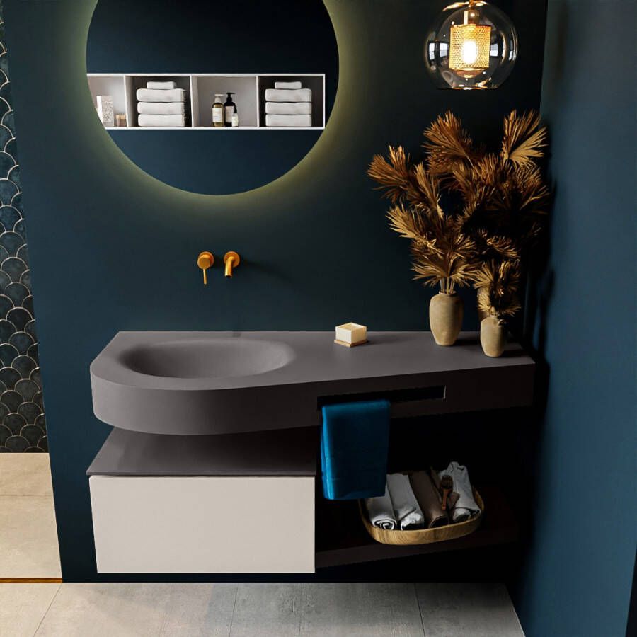 Mondiaz RIVA badmeubelsets 120x50x30cm 1 lade MDF Linen mat push to open 0 kraangaten 1 wasbak links dark grey solid surface RIVA10373