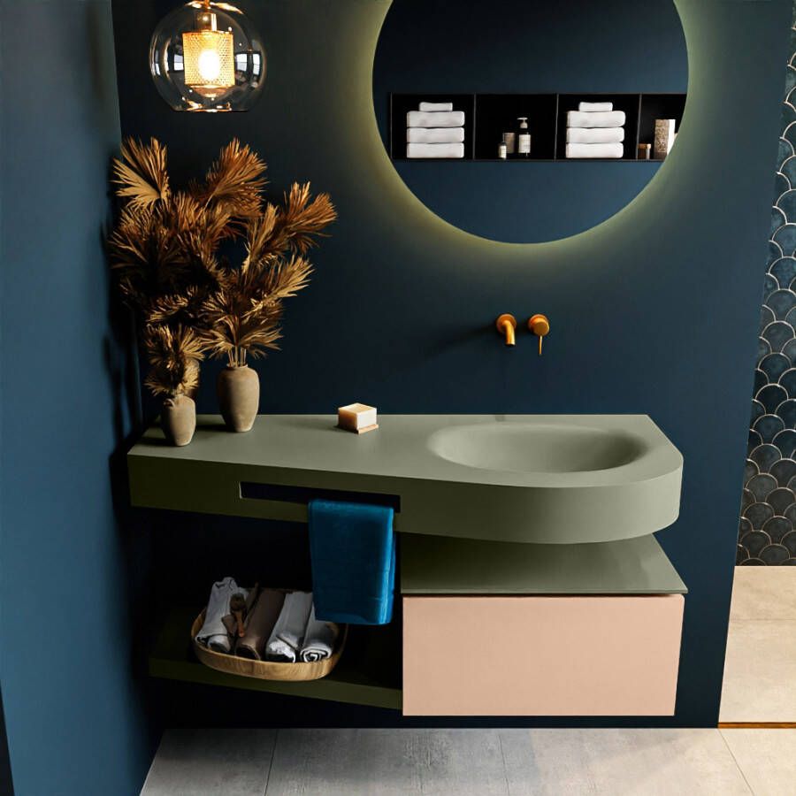 Mondiaz RIVA badmeubelsets 120x50x30cm 1 lade MDF Rosee mat push to open 0 kraangaten 1 wasbak rechts Army solid surface RIVA10822 - Foto 2