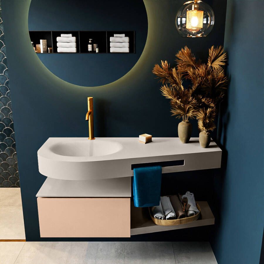 Mondiaz RIVA badmeubelsets 120x50x30cm 1 lade MDF Rosee mat push to open 1 kraangat 1 wasbak links Linen solid surface RIVA10647 - Foto 2