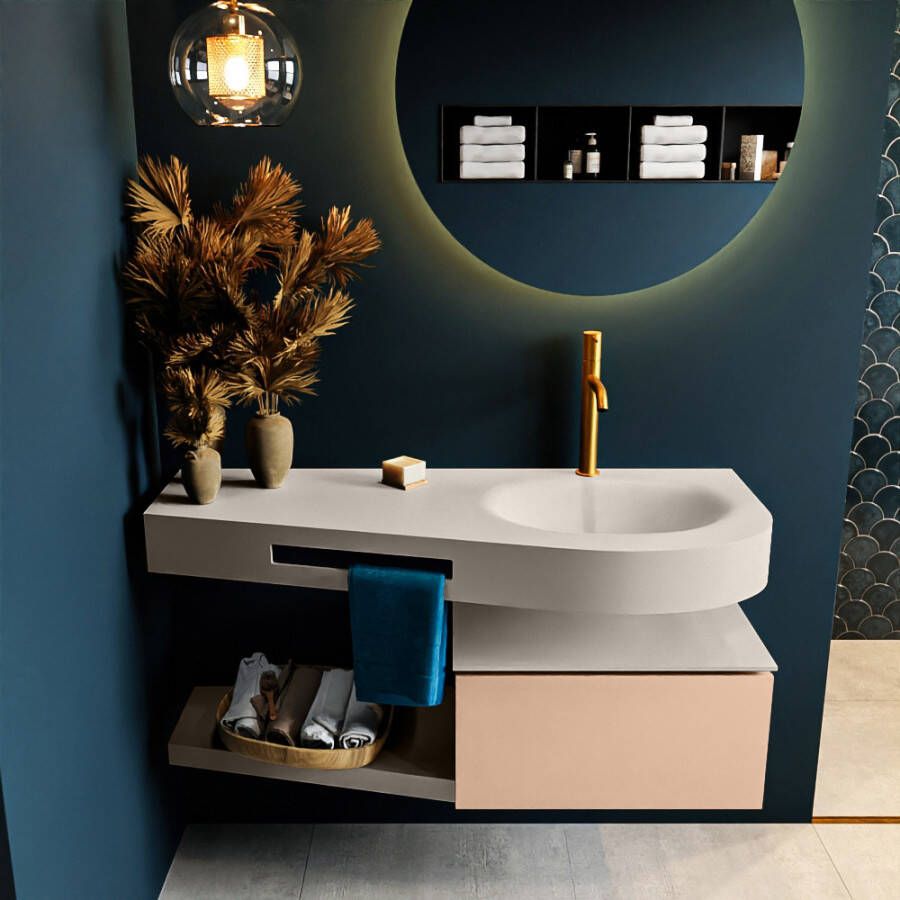 Mondiaz RIVA badmeubelsets 120x50x30cm 1 lade MDF Rosee mat push to open 1 kraangat 1 wasbak rechts Linen solid surface RIVA10648