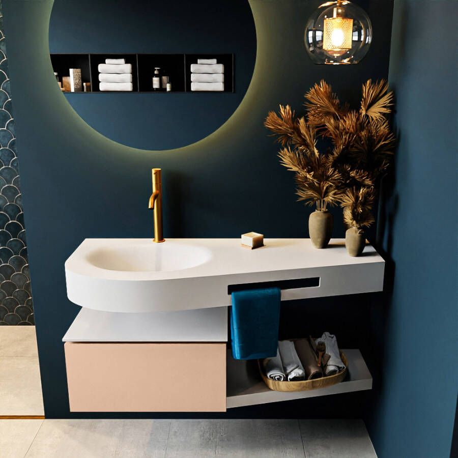 Mondiaz RIVA badmeubelsets 120x50x30cm 1 lade MDF Rosee mat push to open 1 kraangat 1 wasbak links Talc solid surface RIVA10119