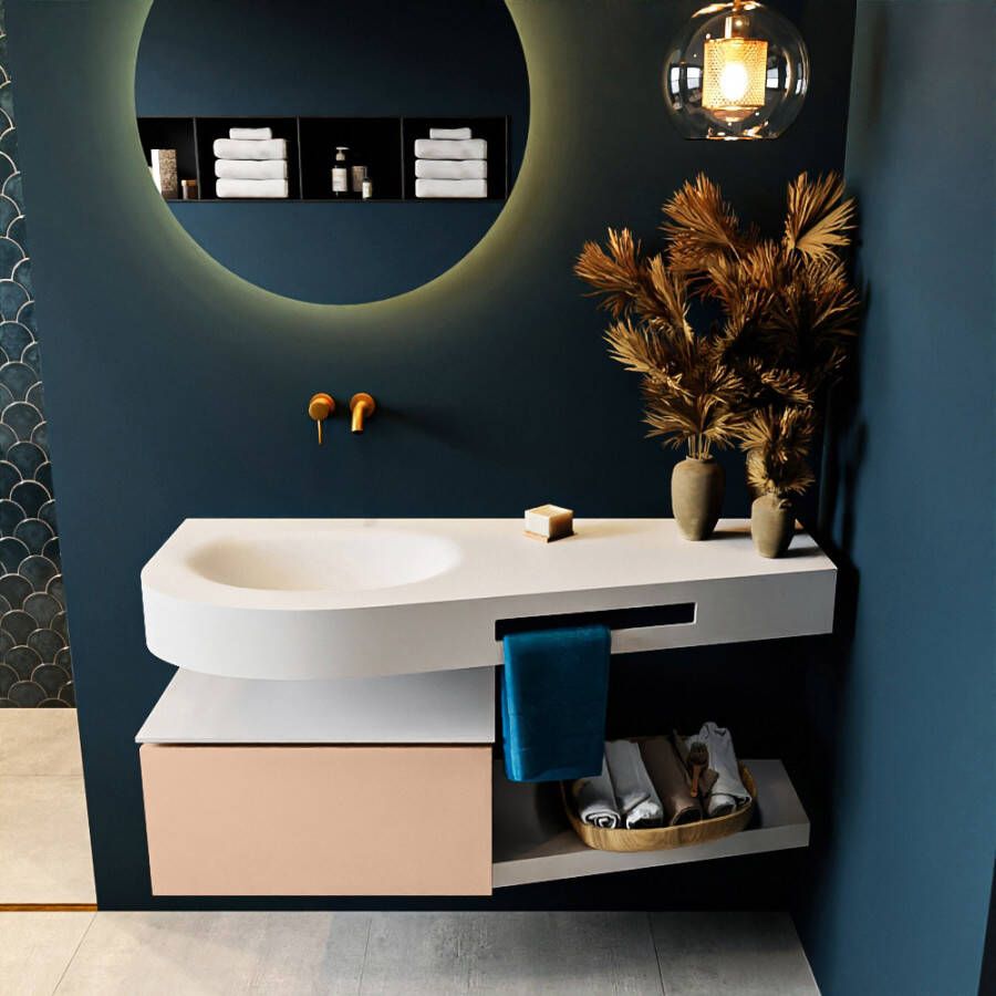 Mondiaz RIVA badmeubelsets 120x50x30cm 1 lade MDF Rosee mat push to open 0 kraangaten 1 wasbak links Talc solid surface RIVA10117 - Foto 2