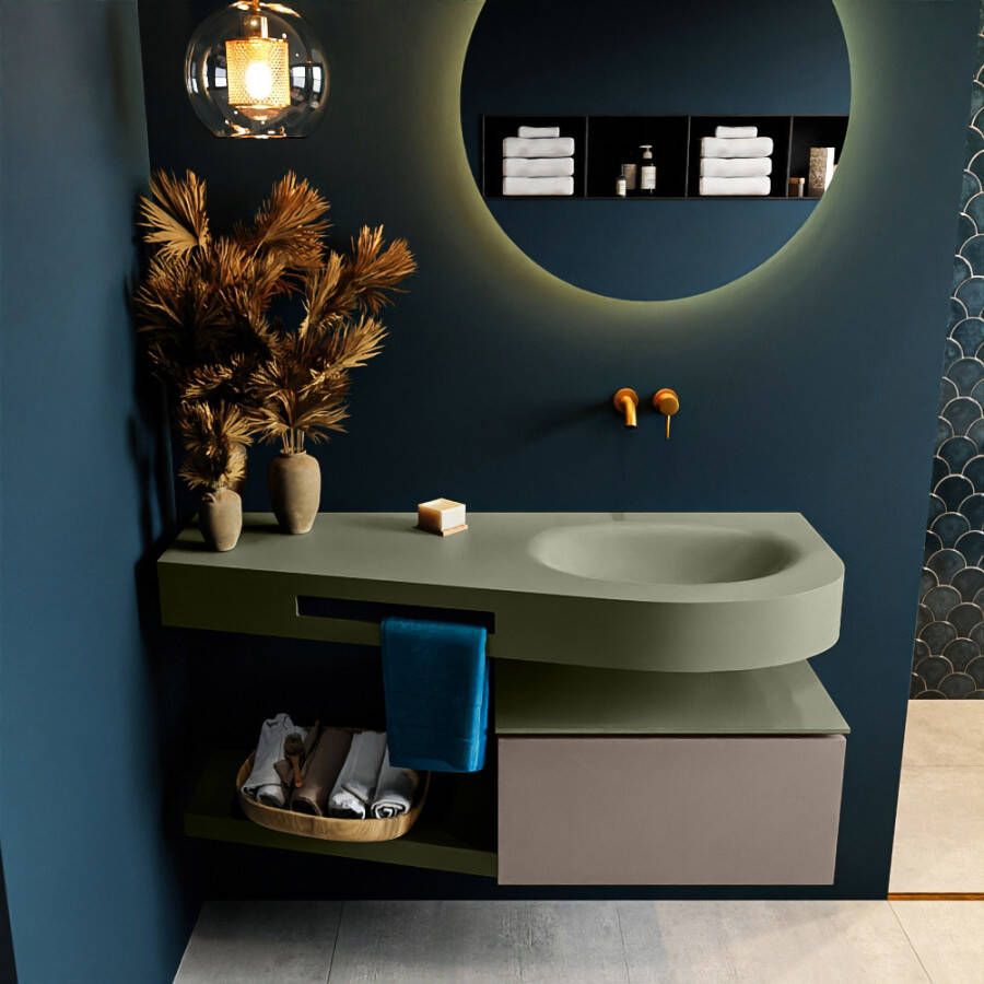 Mondiaz RIVA badmeubelsets 120x50x30cm 1 lade MDF Smoke mat push to open 0 kraangaten 1 wasbak rechts Army solid surface RIVA10750 - Foto 2