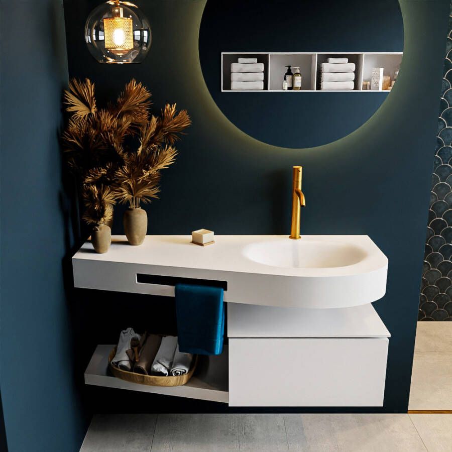 Mondiaz RIVA badmeubelsets 120x50x30cm 1 lade MDF Talc mat push to open 1 kraangat 1 wasbak rechts Talc solid surface RIVA10008