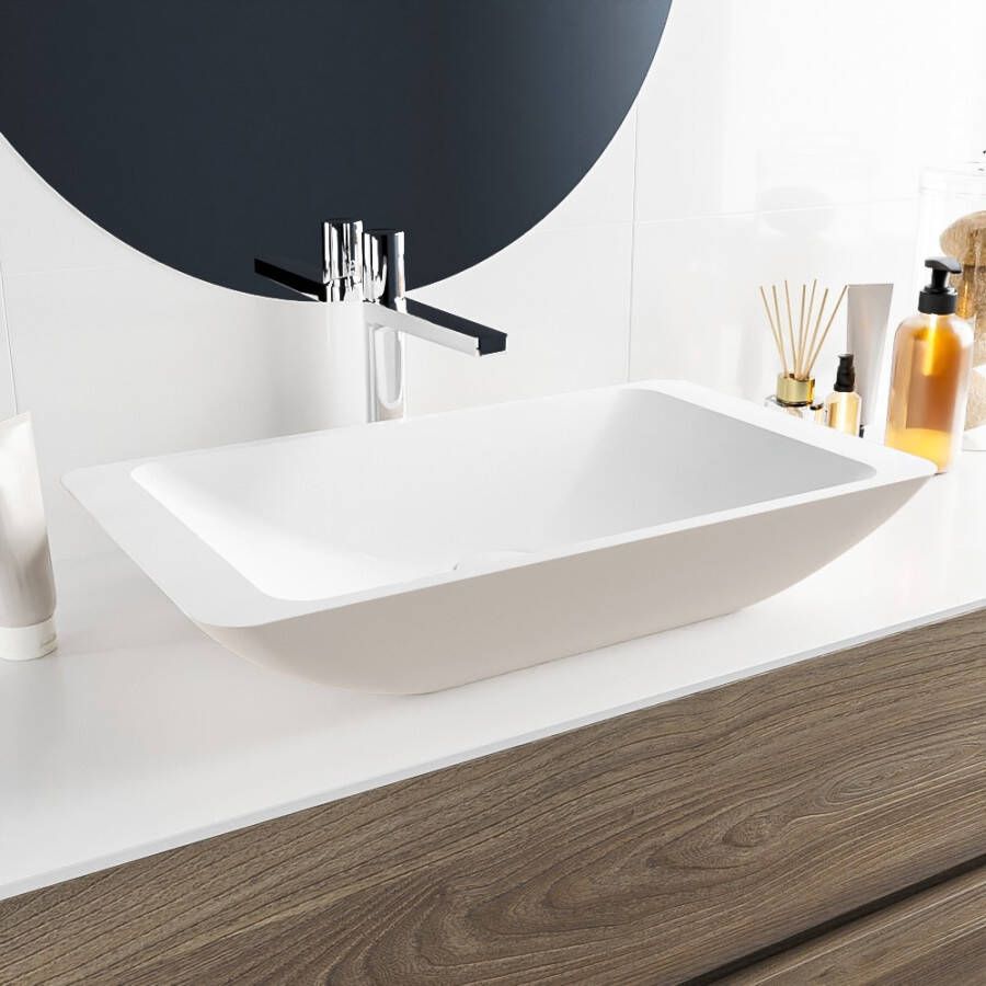 Mondiaz Topi waskom 59.5x34.5x10cm rechthoek opbouw Solid Surface Linen Talc M80180LinenTalc