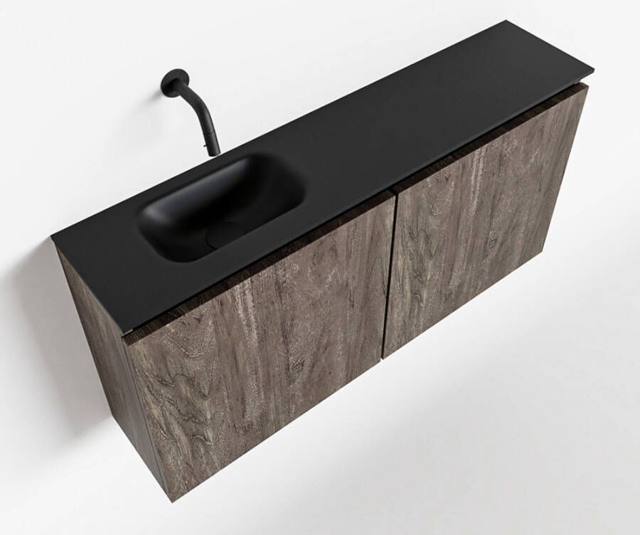 Mondiaz TURE Fonteinset 100x23x50cm 0 kraangaten 2 deuren dark brown mat Wasbak links Solid Surface Zwart FK75341671