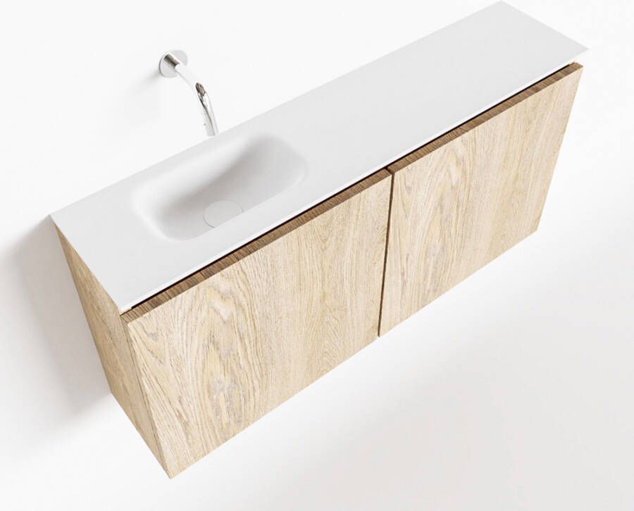 Mondiaz TURE Fonteinset 100x23x50cm 0 kraangaten 2 deuren washed oak mat Wasbak links Solid Surface Wit FK75341292