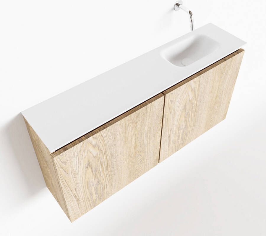 Mondiaz TURE Fonteinset 100x23x50cm 0 kraangaten 2 deuren washed oak mat Wasbak rechts Solid Surface Wit FK75341294