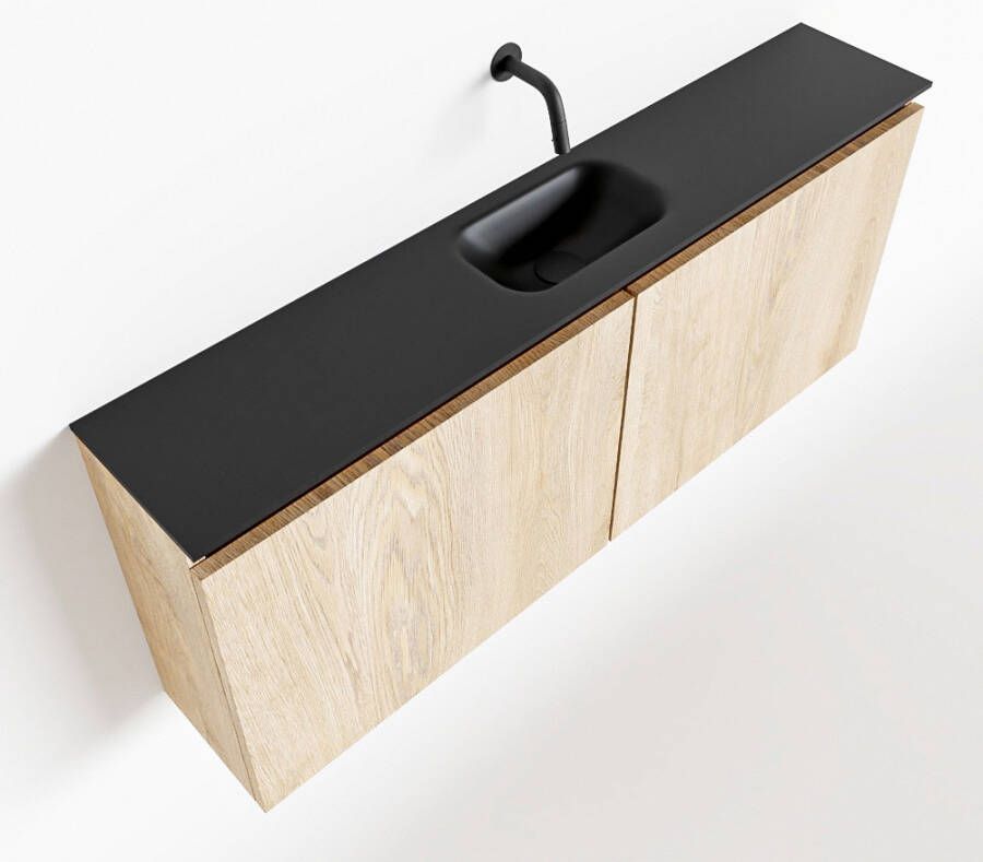 Mondiaz TURE Fonteinset 120x23x50cm 0 kraangaten 2 deuren washed oak mat Wasbak midden Solid Surface Zwart FK75341646