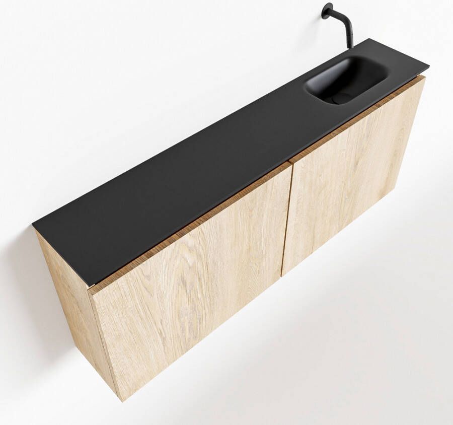 Mondiaz TURE Fonteinset 120x23x50cm 0 kraangaten 2 deuren washed oak mat Wasbak rechts Solid Surface Zwart FK75341650