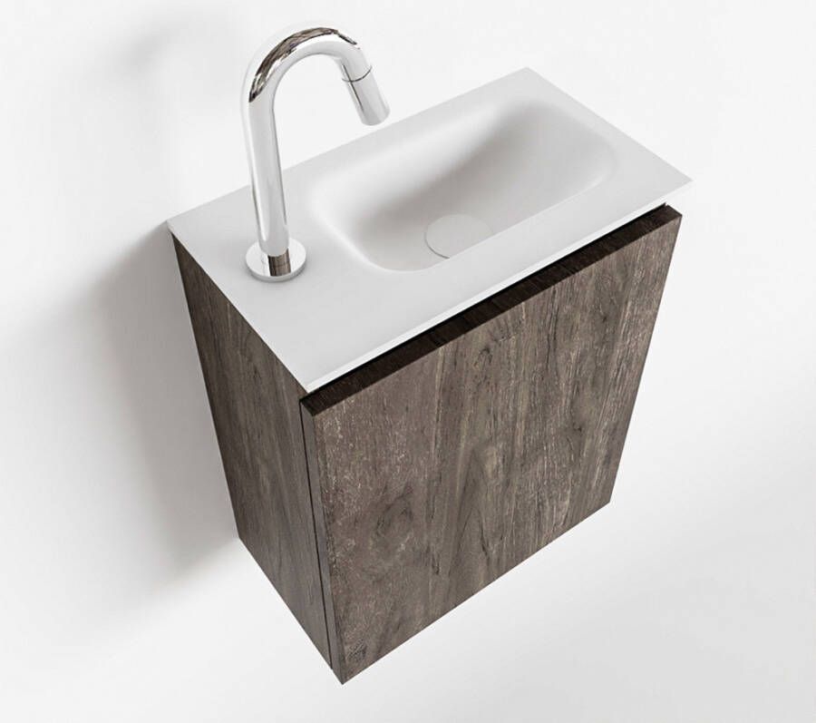 Mondiaz TURE Fonteinset 40x23x50cm 1 kraangat 1 deur dark brown mat Wasbak rechts Solid Surface Wit FK75341305