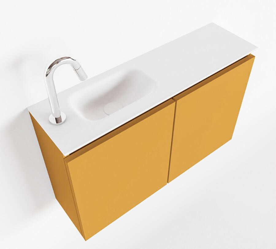 Mondiaz TURE Fonteinset 80x23x50cm 1 kraangat 2 deuren ocher mat Wasbak links Solid Surface Wit FK75341165
