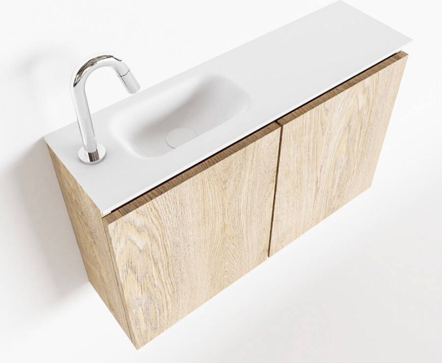 Mondiaz TURE Fonteinset 80x23x50cm 1 kraangat 2 deuren washed oak mat Wasbak links Solid Surface Wit FK75341285 - Foto 2