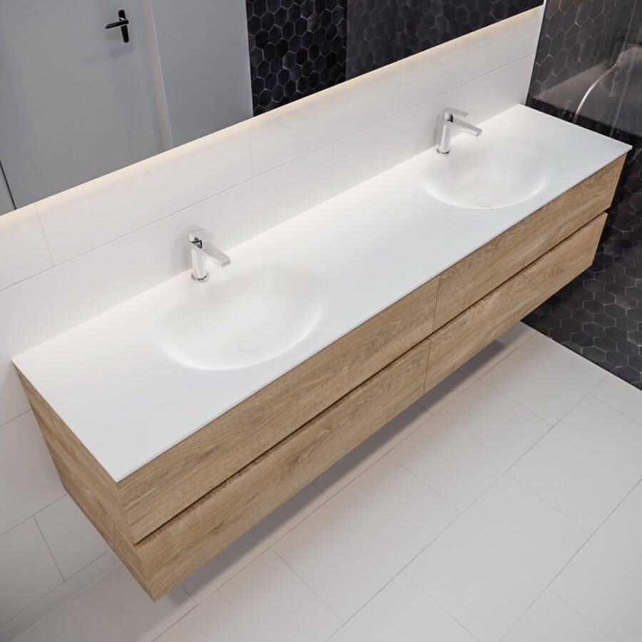 Mondiaz VICA Badkamermeubelset 200cm 4 lades wasbak Moon dubbel 2 kraangaten solid surface washed oak PC75341671 - Foto 1