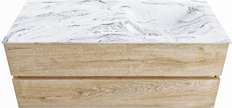 Mondiaz VICA-DLUX 120cm badmeubel onderkast Washed Oak 2 lades. Inbouw wastafel CLOUD rechts zonder kraangat kleur Glace.