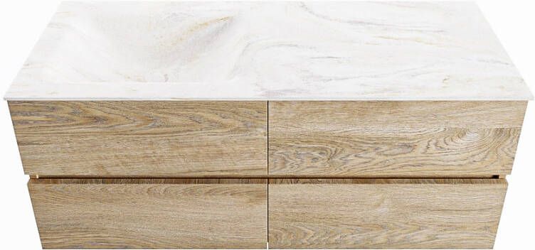 Mondiaz VICA-DLUX 120cm badmeubel onderkast Washed Oak 4 lades. Inbouw wastafel CLOUD links zonder kraangat kleur Ostra.