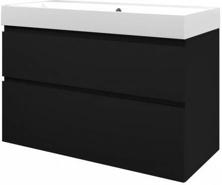 Proline Loft badmeubel met polystone wastafel met 2 kraangaten en onderkast a-symmetrisch Mat zwart Glans wit 100x46cm (bxd)