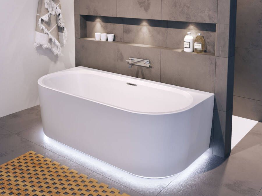 Riho Ligbad Halfvrijstaand Desire B2W Back to Wall 180x84x60 Acryl Mat Wit met Fall Overloop en LED Verlichting Incl. Sifon & Pootset