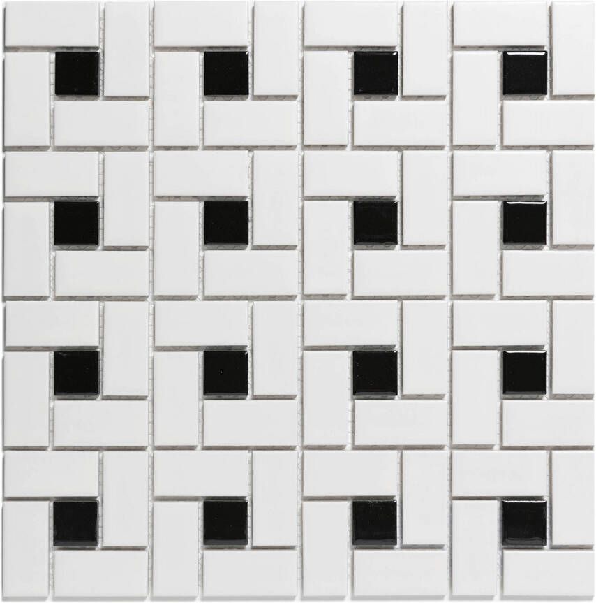 The Mosaic Factory Paris mozaïektegel 2.3x4.8x0.6cm en 2.3x2.3x0.6cm wandtegel voor binnen en buiten pinwheel porselein mat wit met glanzend zwart PAPW140915 online kopen
