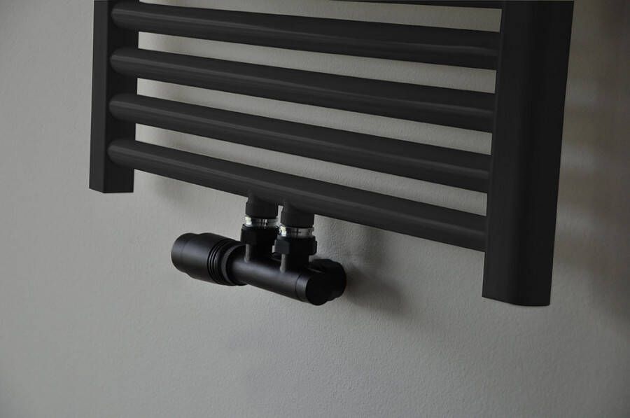 Riko Radiator Wiesbaden Thermostatisch Onderblok Set Mat Zwart Haaks Links