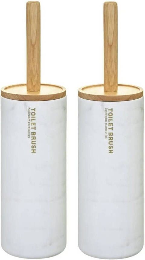 5Five 2x stuks WC- toiletborstel met houder rond wit met marmer effect kunststof bamboe 38 cm Toiletborstels