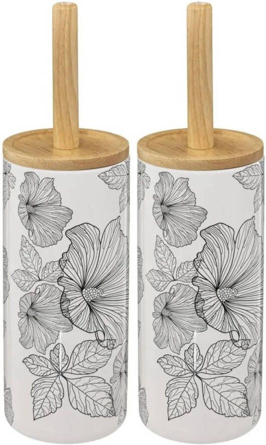 5Five 2x stuks WC- toiletborstel met houder wit zwart met hibiscus bloemen patroon zandsteen bamboe 38 cm Toiletborstels