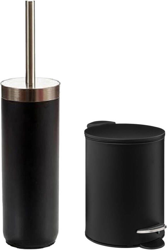 5Five Badkamer accessoires set zwart pedaalemmer wc-borstel metaal Badkameraccessoireset