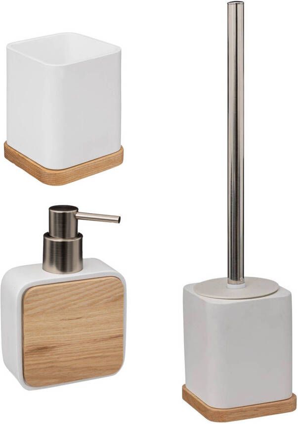 5Five Badkamer toilet accessoires set 3-delig wit bamboe WC-borstel tandenborstelhouder zeeppompje Badkameraccessoires